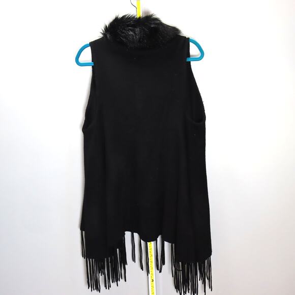 Origami by Vivien Black Faux Fur Trim Fringe Vest One Size - Picture 2 of 4